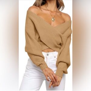 ZCSIA Wrap V Neck Cropped Sweater 2024 Fall Cross Front Off Shoulder Tops